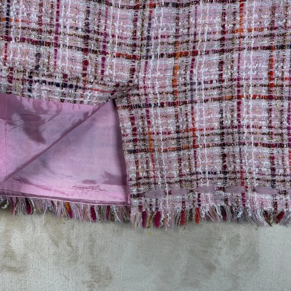 Rickie‎ Freeman Teri Jon Pink Tweed Wool Blend Plaid Fringe Bow Pencil Skirt 10